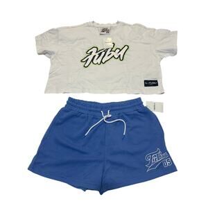 Forever 21 FUBU Cropped White T-Shirt, Blue Shorts AND Laces Medium NWT